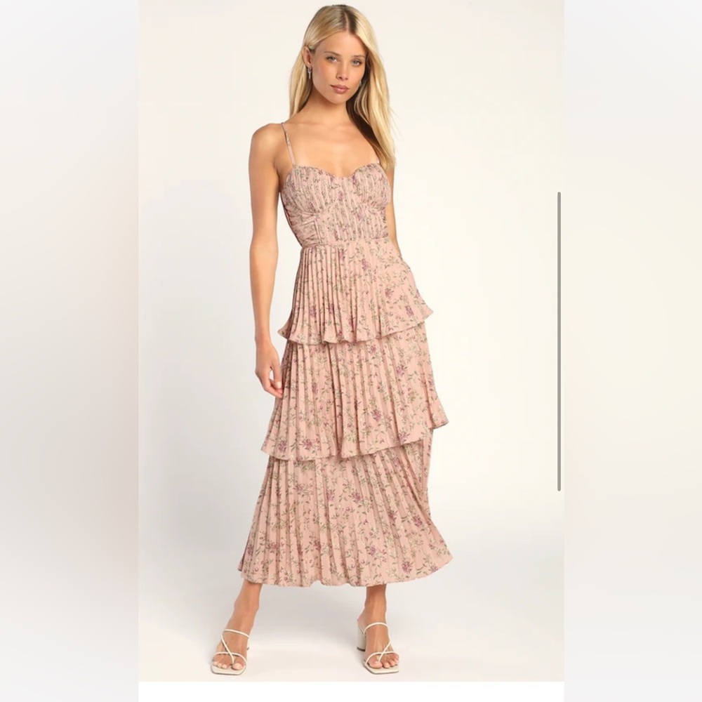 Cascading Crush Pink Floral Print Tiered Bustier Midi Dress Lulus